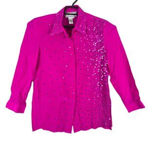 Womens Vintage Diane Gilman Pink 100% Silk Sequin Blouse Button Up Long Sleeve S